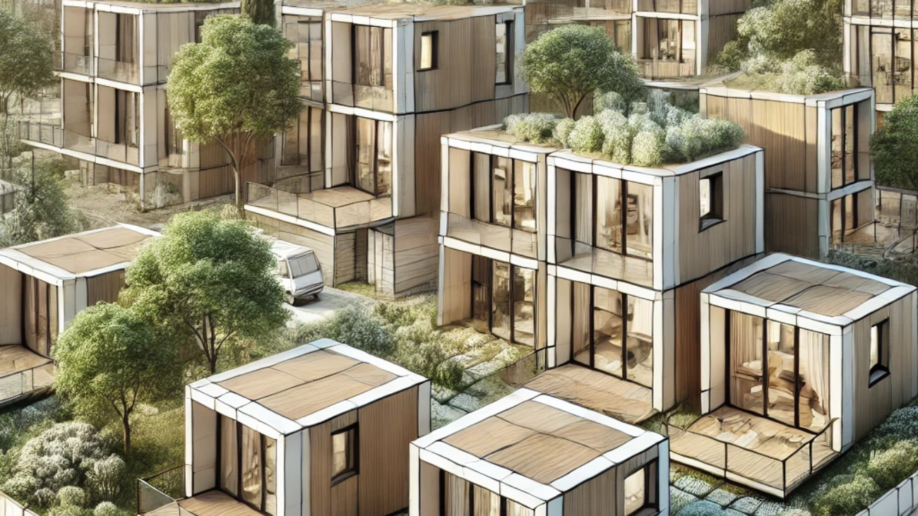 DALL·E 2024-11-08 16.24.25 - A detailed, square image of modular and frame houses in a modern architectural setting. The scene shows a cluster of modular houses made from sleek, e