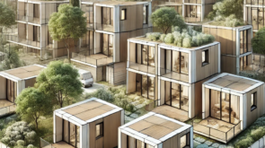 DALL·E 2024-11-08 16.24.25 - A detailed, square image of modular and frame houses in a modern architectural setting. The scene shows a cluster of modular houses made from sleek, e
