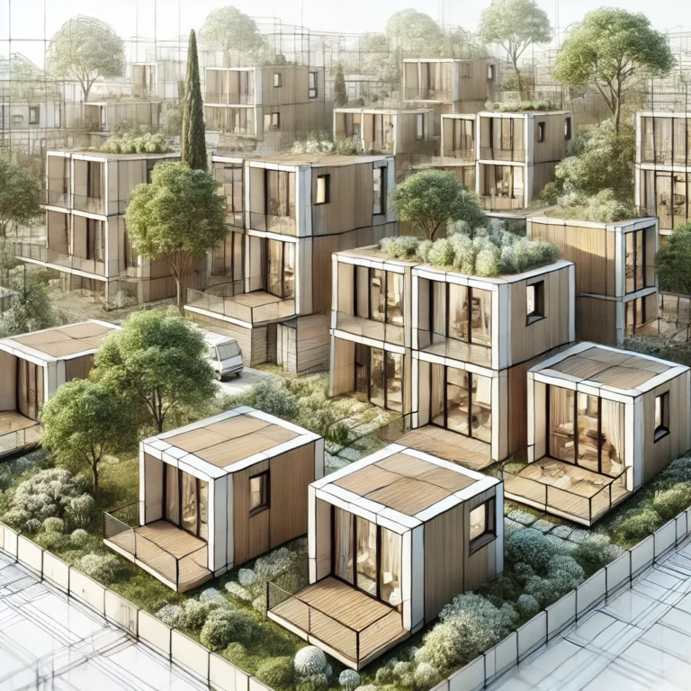 DALL·E 2024-11-08 16.24.25 - A detailed, square image of modular and frame houses in a modern architectural setting. The scene shows a cluster of modular houses made from sleek, e